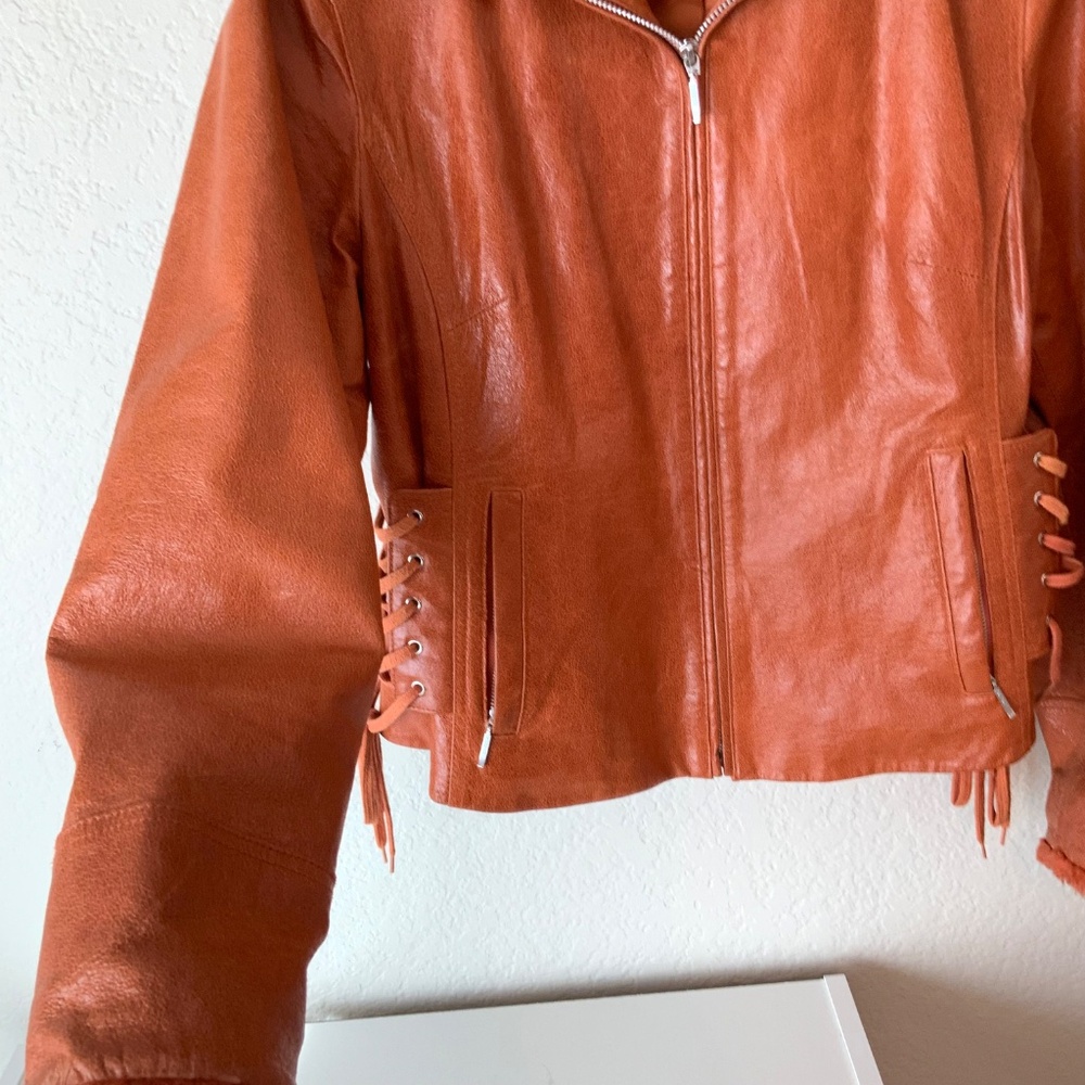 RARE! Y2K VINTAGE Leather! XOXO Womens Bomber Jacket Lace Up Moto Size XL - Picture 5 of 14